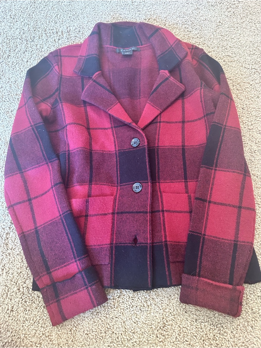 Tahari Red and Black Plaid Button Jacket